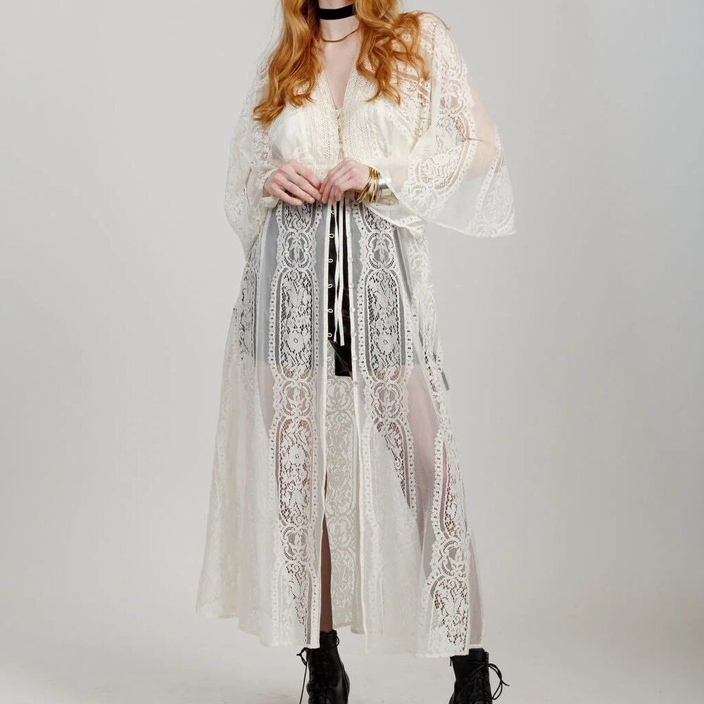 Band of the Free Lace Kimono Boho Duster Ivory Sheer Maxi Festival Beach Coverup - Picture 3 of 7